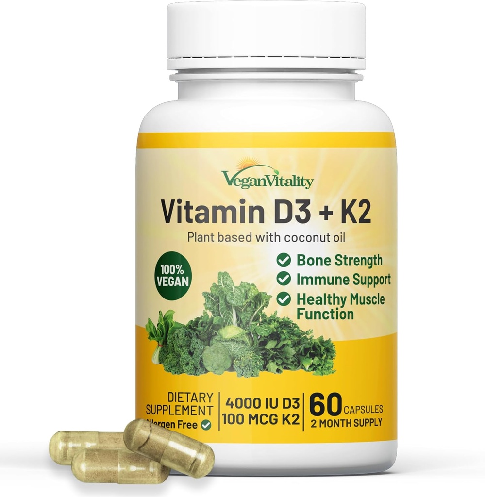Vegan Vitality Βιταμίνη D3 K2 4000IU (100mcg) με Λάδι καρύδας, 100% Φυτική βάση Βιταμίνη D για Vegan και χορτοφάγους - 60 κάψουλες