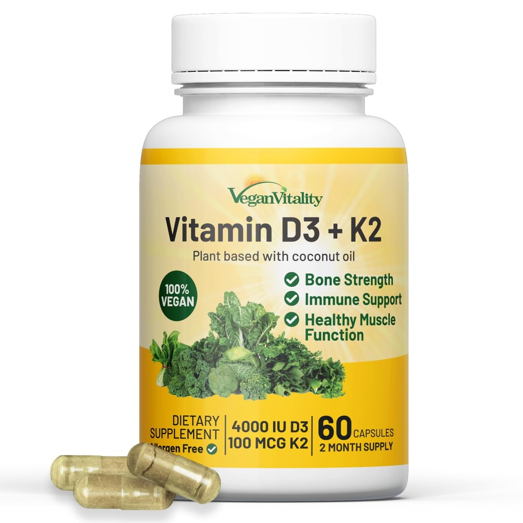 Vegan Vitality Βιταμίνη D3 K2 4000IU (100mcg) με Λάδι καρύδας, 100% Φυτική βάση Βιταμίνη D για Vegan και χορτοφάγους - 60 κάψουλες