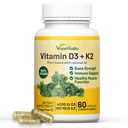 Vegan Vitality Vitamin D3 K2 4000IU (100mcg) with Coconut Oil, 100% Plant Based Vegan Vitamin D for Vegan and Vegetarian - 60 Capsules