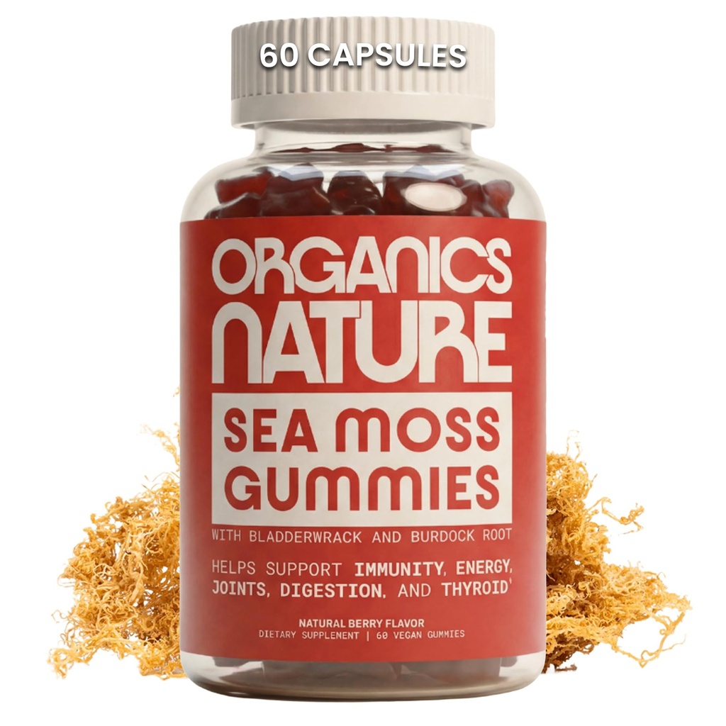 ORGANICS ΦΥΣΗ Ιρλανδική θάλασσα Moss Gummies για Lung Detox, Thyroid, δύναμη ανοσοποιητική & ενεργειακή υποστήριξη, Vegan Seamoss Gummies για παιδιά & ενήλικες - 60 Vegan Gummy Bears Berry Flavored