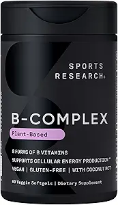 Sports Research® Vitamin B-Complex – Full Spectrum of B Vitamins with Torchated B12 & Folate - Gluten Free · Plant-Based · Non-GMO · Vegan-Friendly Formula - 60 Veggie Softgels