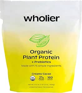 wholier Organic Plant Protein + Prebiyotiks. Temiz Vegan protein. Protein 21g. 14 Gerçek Bitki Malzemeler. Prebiyotik Fiber. Doğal Flavors, Gums veya Fillers yok. Kremy Cacao (1 lb. 4 oz.)
