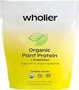 wholier Organic Plant Protein + Prebiotics. Clean Vegan Protein. 21g of Protein. 14 Real Plant Ingredients. Prebiotic Fiber. No Natural Flavors, Gums or Fillers. Creamy Cacao (1 lb. 4 oz.)