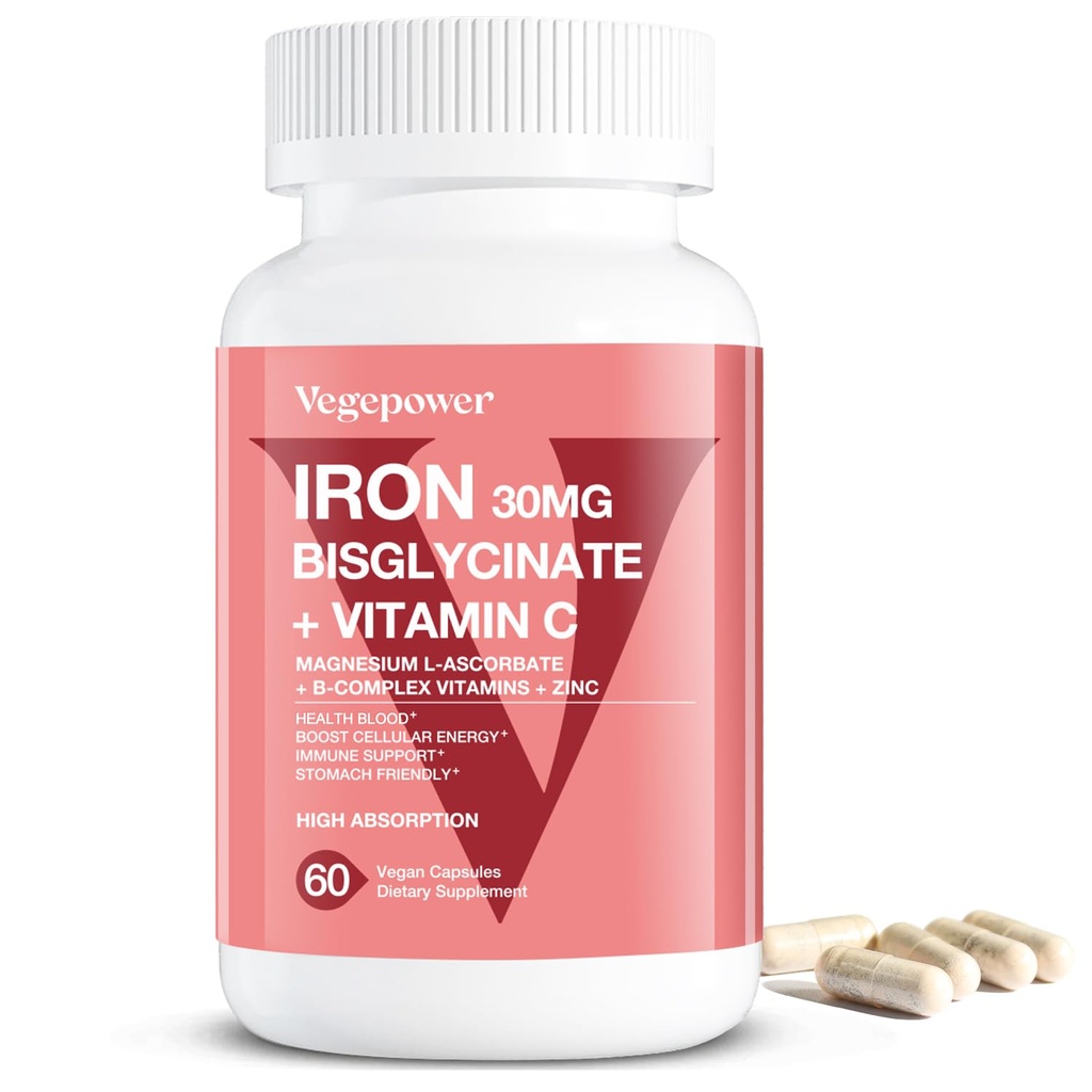 Demir Bisglycinate Supplement for Women & Men - 30mg Demir Pills with C, B12, Folic Acid - Chelated Iron for Anemia, Health Blood - High Abpole, Gluten-Free, Non-GMO - 60 Vegan Caps