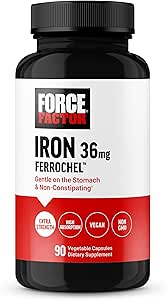Force Factor, Iron Supplement for Women and Men, Non-Constipating, Gentle on the Stomach, Iron Bisglycinate 36 mg, 90 Sebze Capsules