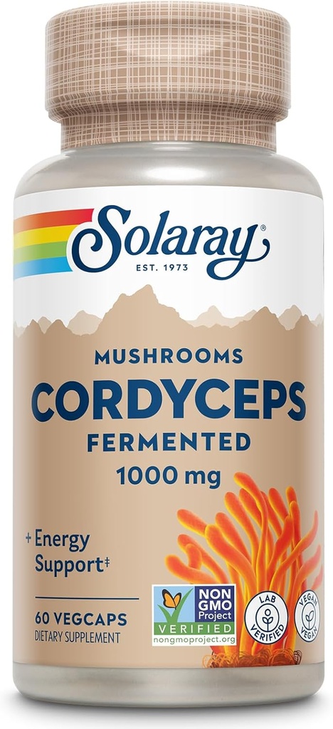 SOLARAY Fermented Cordyceps Mushroom 1000 mg - Υγιεινή Ενεργειακή Υποστήριξη - Ζυμωμένη για Ενισχυμένη Απορρόφηση - Vegan, Μη ΓΤΟ, Εργαστήριο Επαληθευμένο - 30 Μερίδες, 60 VegCaps