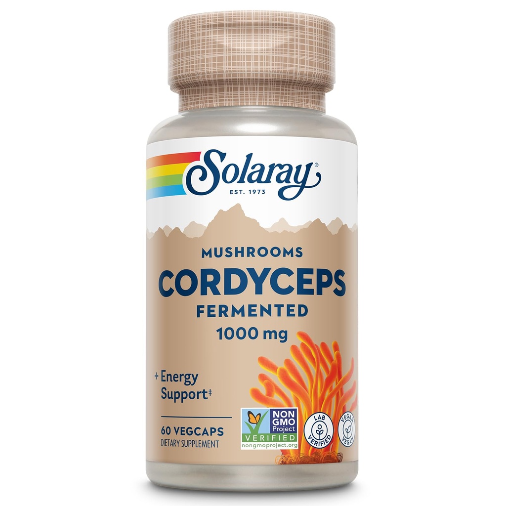 SOLARAY Fermented Cordyceps Mushroom 1000 mg - Υγιεινή Ενεργειακή Υποστήριξη - Ζυμωμένη για Ενισχυμένη Απορρόφηση - Vegan, Μη ΓΤΟ, Εργαστήριο Επαληθευμένο - 30 Μερίδες, 60 VegCaps