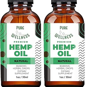 Pure Wellness Hemp Seed Oil Drops Peppermint Flavor for Improved Cognitive Function, Omega 3 6 9 Fatty Acids, Organic, Non-GMO, Vegan (Natural Hemp, 2-Pack)