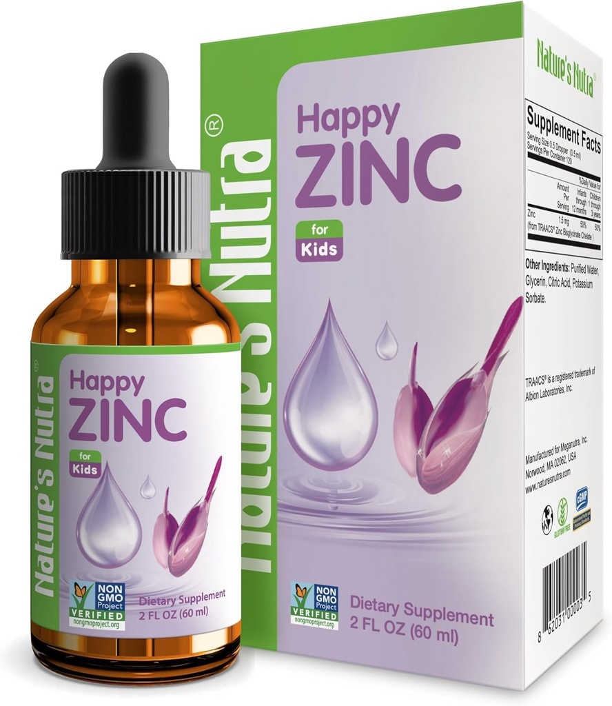 Nature's Nutra Happy Zinc, Premium Liquid Zinc για το μωρό, το βρέφος, τα παιδιά και τα παιδιά, TRAACS Χηλικός ψευδάργυρος, υψηλή βιοδιαθεσιμότητα, μη ΓΤΟ, Kosher, 2 fl. Oz (60ml)