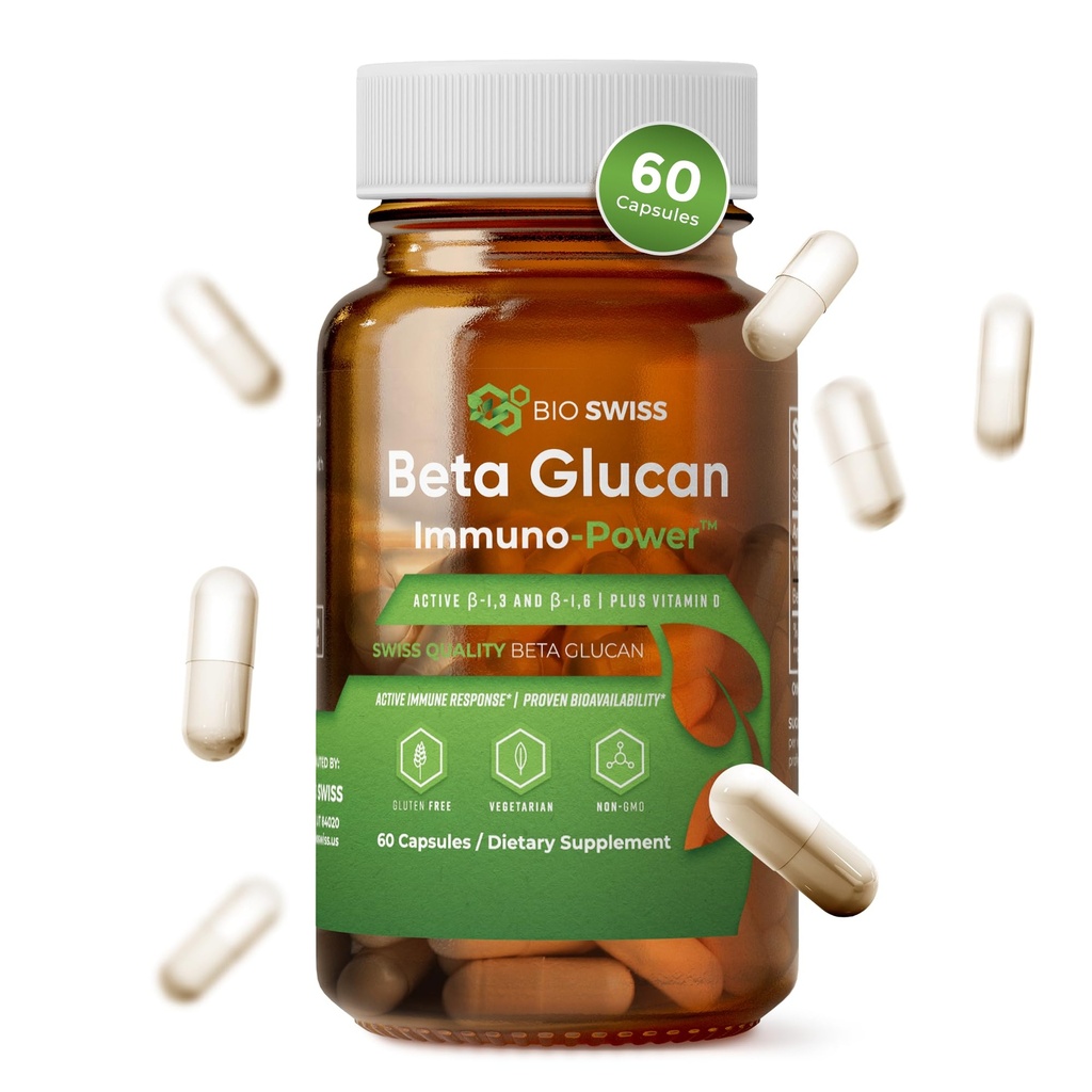 Bio Swiss Beta Glucan Immunity Power - 1.3D-1,6D Glucan D Vitamini - Geliştirilmiş Savunma ve Wellness için Immune Support Supplement - Vegan, Gluten-Free (60 Capsules)