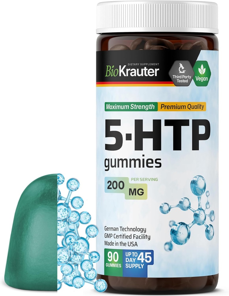 BIO KRAUTER 5 HTP Supplement Gummies - 200 mg Güçlü - 90 Vegan Chews - Rahatlama Destek 5HTP Plus L Tryptophan Supplement - Pectin Temel Formula
