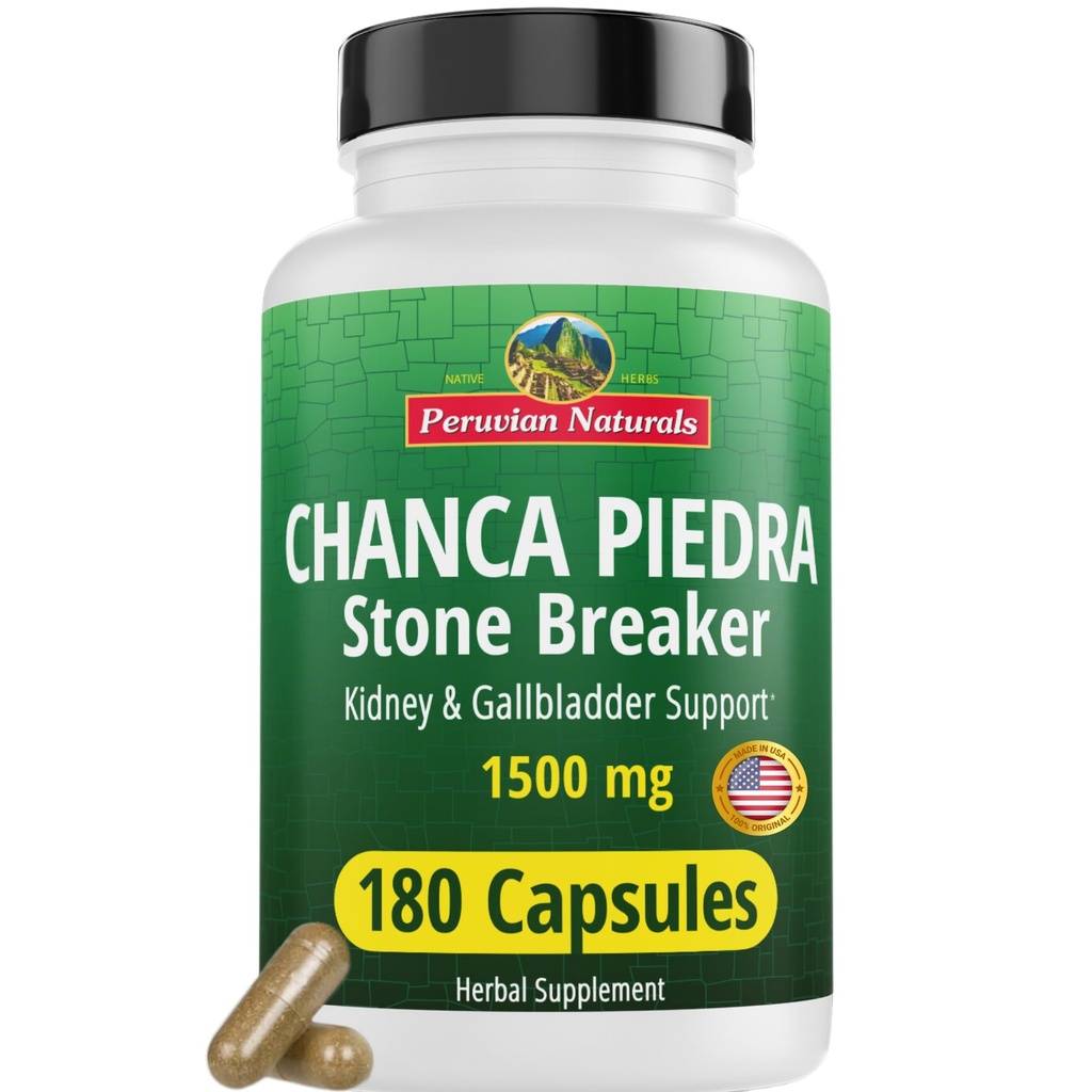 Peruvian Naturals Chanca Piedra Stone Breaker 180 Capsules - Kidney Stone Dissolver & Gallbladder - hizmet başına 1500 mg - Chancapiedra Stonebreaker for Bladder Cleanse & Urinary Tract - Vegan, Non GMO