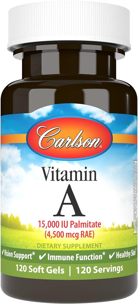 Carlson - Vitamin A, 15000 IU Palmitate (4500 mcg RAE), Vizyon Sağlığı, Sağlıklı Cilt, 120 Yumuşakgels