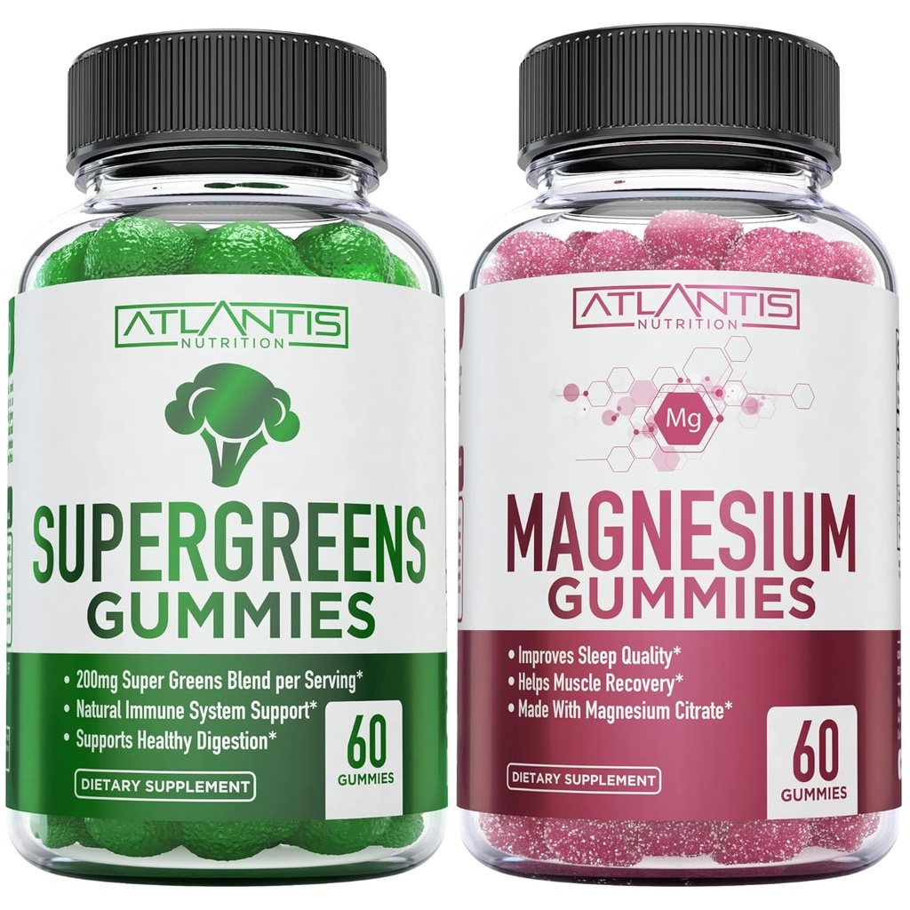 Supergreen & Magnezyum Gummies - Yardım Kass Recover, Delicious Supergreens with Spinach, Broccoli, Beetroot, Green Tea, & Acai for Immunity Support- 60 Gummies