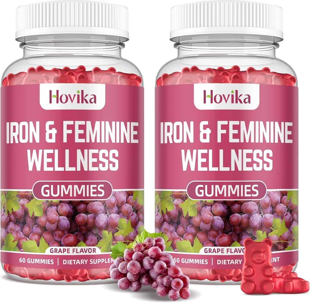 Kadınlar için Demir, 40 mg Demir Supplement Anemi Kadınlar için multivitamin, çinko, Selenium, Iodine - Iron Deficiency - Natural Hormonal Support for PMS, Grape Flavour, 2 Pack