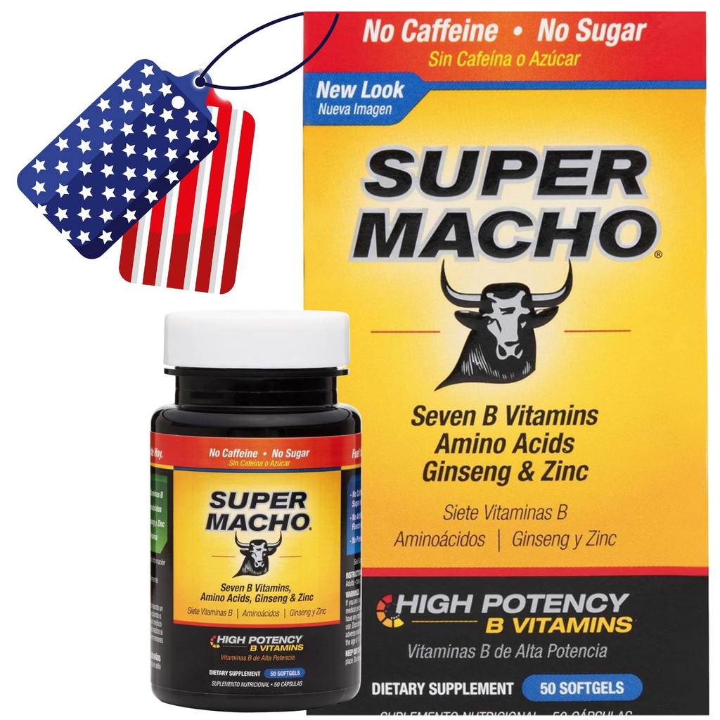 Super Macho, υψηλής ισχύος βιταμίνες Β και αμινοξέα, Καύσιμο για τους σημερινούς ενεργούς άνδρες, χωρίς καφεΐνη, χωρίς ζάχαρη, συμπλήρωμα διατροφής, Made in USA,50 Softgels