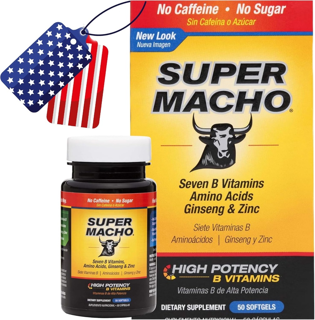 Super Macho, Yüksek Potency B Vitaminleri ve Amino Asitler, Bugünün Aktif Erkekler için Yakıt, Caffeine, No Sugar, Diyetary Supplement, USA,50 Softgels