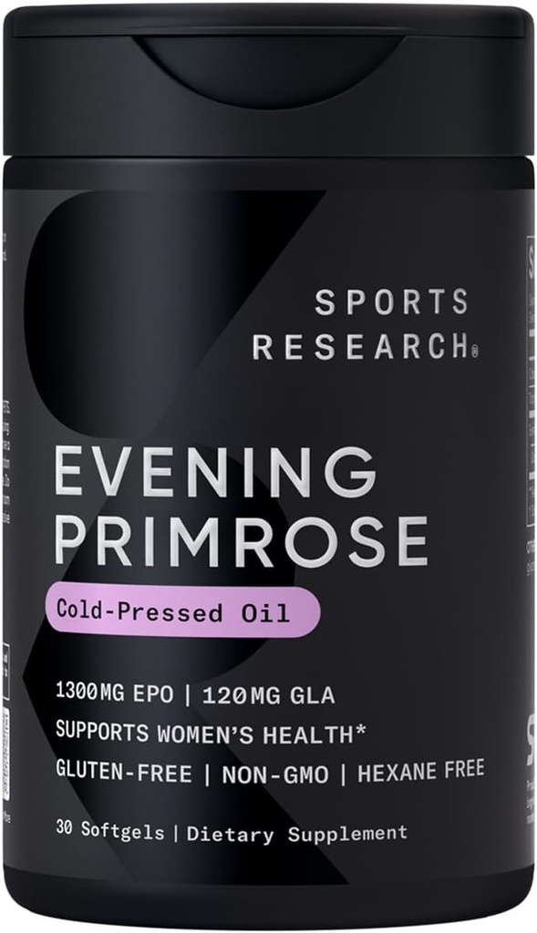 Sports Research Evening Primrose Supplement from Cold Pressed Oil - Women's Health & Skin Health - Gluten Free & Non-GMO GLA - High Potency 1300 mg, 30 Count