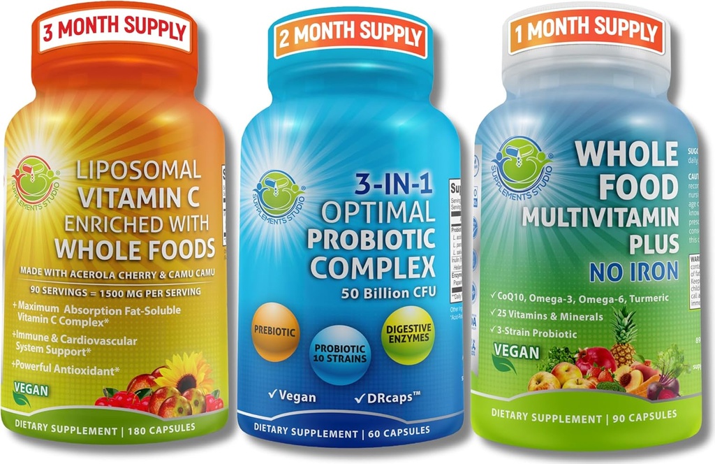 Υγεία, ανοσία, ενέργεια & θρεπτικά συστατικά Υποστήριξη – 3-σε-1 Προβιοτικό με Digestive Ένζυμα + Λιποσωμική Βιταμίνη C 1500mg + Ολική Πολυβιταμίνη Τροφίμων Χωρίς Σιδήρο – Vegan, Μη ΓΤΟ, Υποστήριξη Καθαρότητας