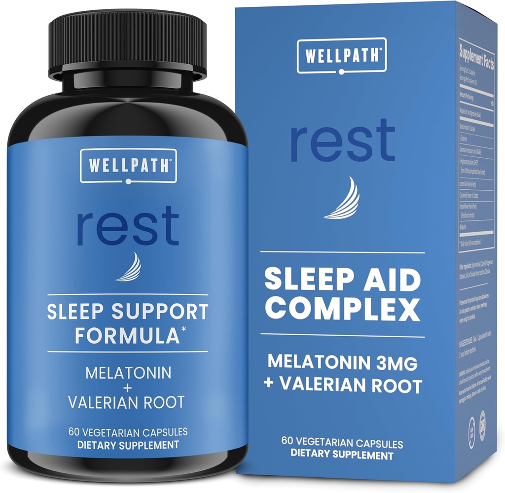 WellPath Rest Valerian Root Sleep Aid for Yetişkinler with Melatonin & L-Theanine | Natural & Herbal Uyku Pills with Extra Strength | 5HTP, Lemon Balm, Chamomile, 60 Ct