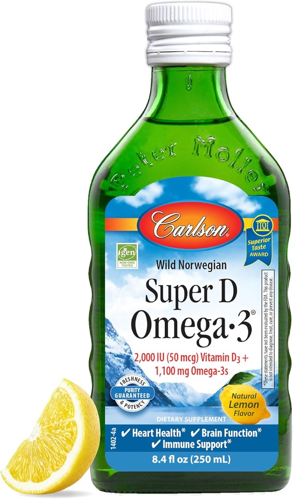Carlson - Super D Omega-3, Wild-Caught Norveç Arctic Cod Liver Oil, 2000 IU (50 mcg) Vitamin D3, 1100 mg Omega-3s, Sustainable Sourced Nordic Fish Oil Liquid, Lemon, 250 ml