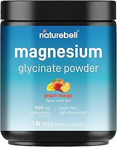 NatureBell Magnesium Glycinate Powder 500mg, 1lb (16oz) | 100% Chelated for High Absorption | Peach Mango Flavor | Supports Muscle, Bone & Heart Health | Sugar-Free, Bitterless, Non-GMO, Vegan