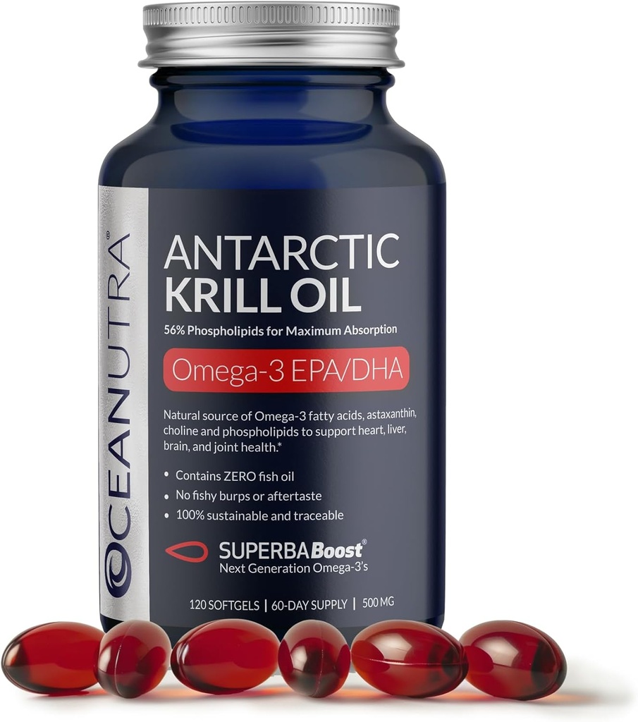 Wild Caught Antarctic Krill Oil 500mg Softgels, SuperbaBoost Omega 3 Supplement, EPA & DHA, Astaxanthin, Choline, 56% Phospholipids, Sustainable, No Fish Oil, Vanilla Flavor (60-Day Supply)