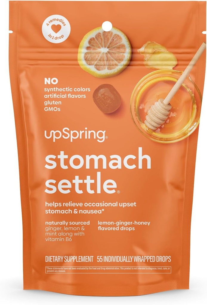 UpSpring Stomach Settle Drops for Occasional Nausea Relief and Morning Sickness with Ginger, Lemon, Spearmint, and B6. Individually Wrapped Drops, 55 Ct(Packaging May Vary)