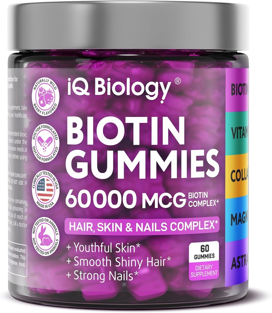 Saç, Cilt ve Çiçekler için Biyotin Gummies - Kadınlar ve Erkekler için Saç Büyüme Vitaminleri - Ekstra Güçlü Biyotin (Vitamin B7), Collagen, Keratin & Duo Blocker, 60 Chewable Bears