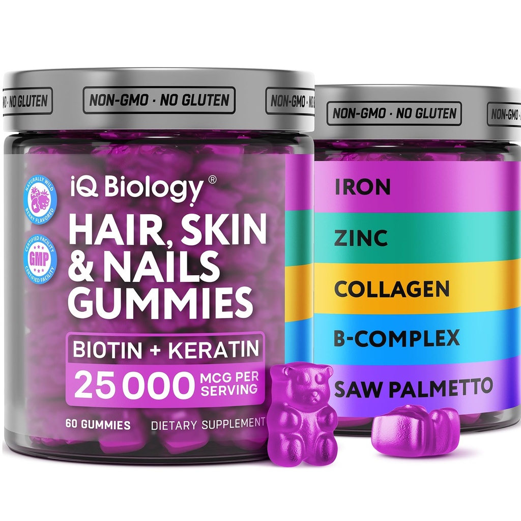Saç, Cilt ve Çiçekler için Biyotin Gummies - Kadınlar ve Erkekler için Saç Büyüme Vitaminleri - Ekstra Güçlü Biyotin (Vitamin B7), Collagen, Keratin & Duo Blocker, 60 Chewable Bears