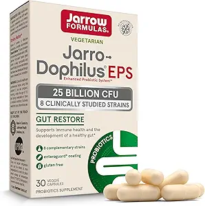 Jarrow Formulas Jarro-Dophilus EPS Gut Restore Probiotics 25 Δισεκατομμύρια CFU με 8 Κλινικά Σπουδασμένα Στελέχη, Συμπλήρωμα Διατροφής για Εντερική και Ανοσολογική Υποστήριξη, 30 Κάψουλες Veggie, 30 Ημέρα προσφοράς
