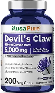 NusaPure Devil's Claw 20:1 Extract, 250 mg Equivalent to 5000 mg, 200 Veggie Capsules, Interd Root Extract, Devils Claw Herbal Supplement, Non-GMO, Vegan Tamam,