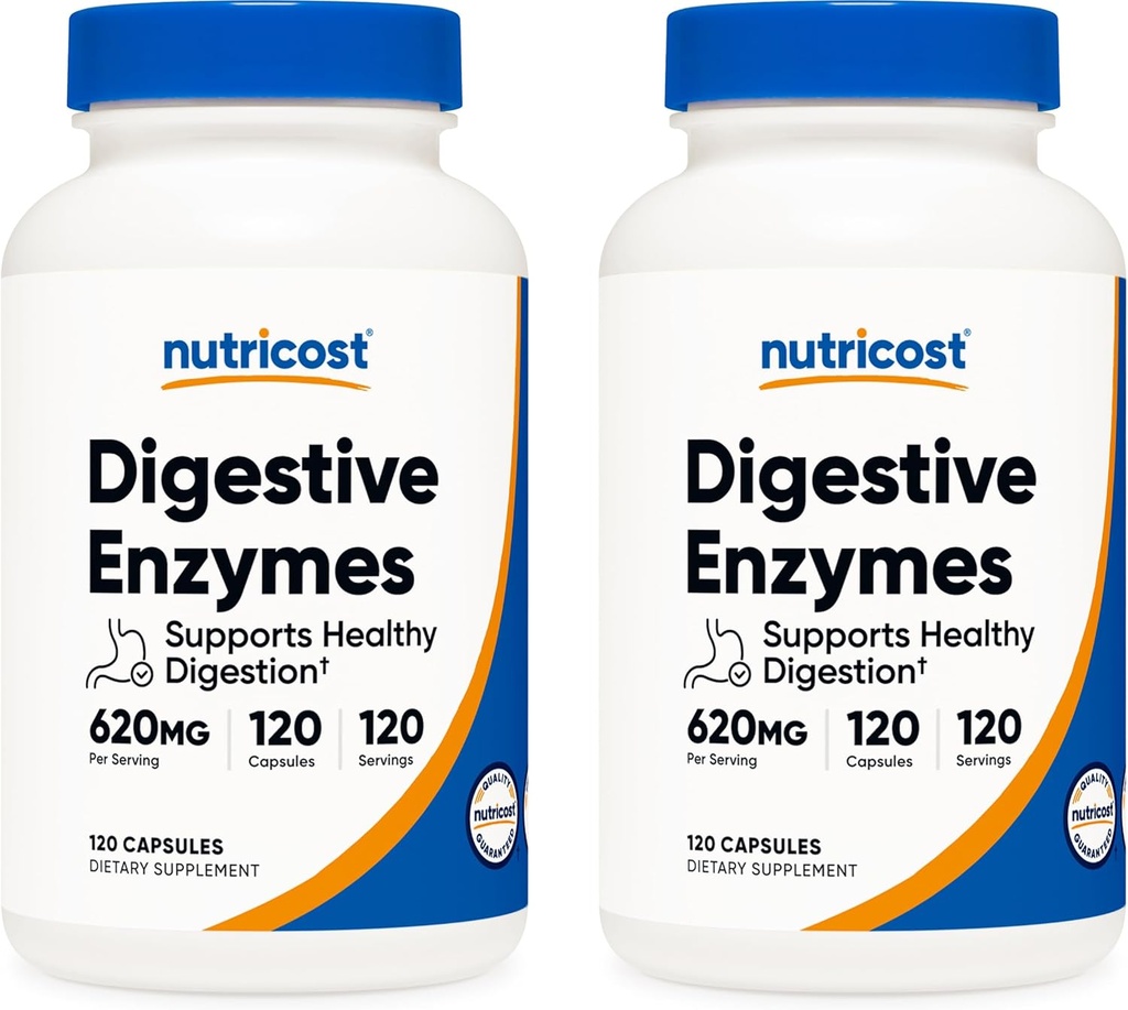 Nutricost Digestive Enzymes 620 mg, 120 Veggie Capsules (2 Şişe) - Tamamlayıcı Enzyme Supplement