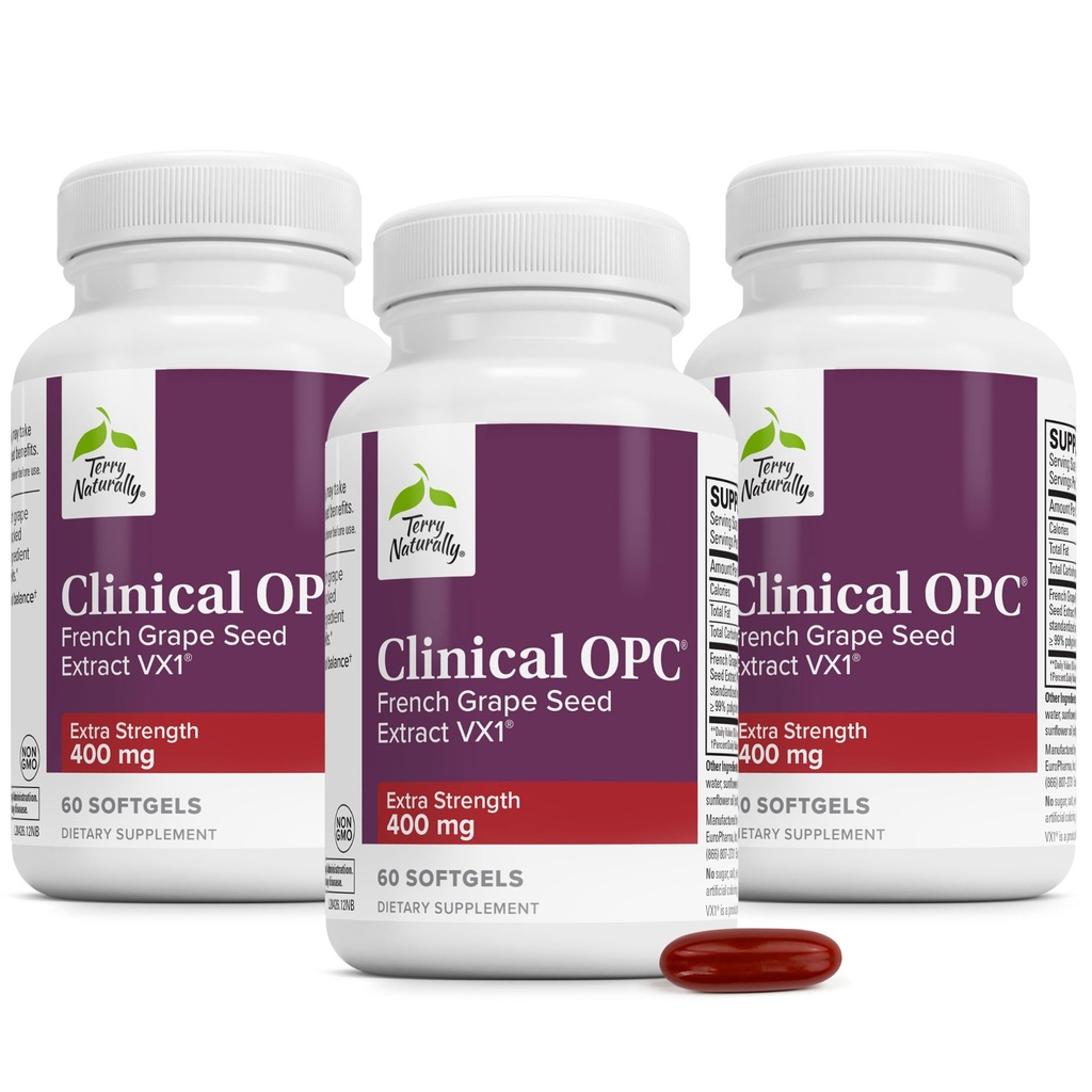Terry Naturally Clinical OPC Extra Strength - Cardiovascular Health & Focus Support - Supplement with Grape Seed Extract - Immune Support Supplement - 60 Softgels (Pack of 3)