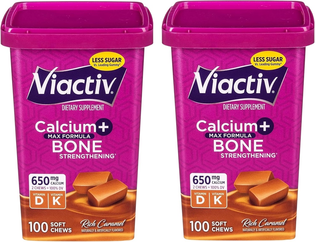 Viactiv Max Formula Calcium +Vitamin D3 Supplement for Bone Health, Rich Caramel, 100 Soft Chews - 2 Pack