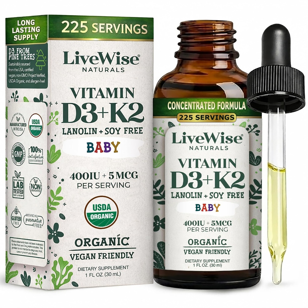 LiveWise Naturals Βρεφική Βιταμίνη D3-K2 Υγρό Συμπλήρωμα, Σταγόνες Βιταμίνης για Βρέφη και Τοντλερς, για Υγιεινή Ανάπτυξη, Ανάπτυξη και Καθημερινή Ευεξία, Εύκολο στη Χρήση Σταγονόμετρο σε Γυάλινο Μπουκάλι, 1 Fl Oz