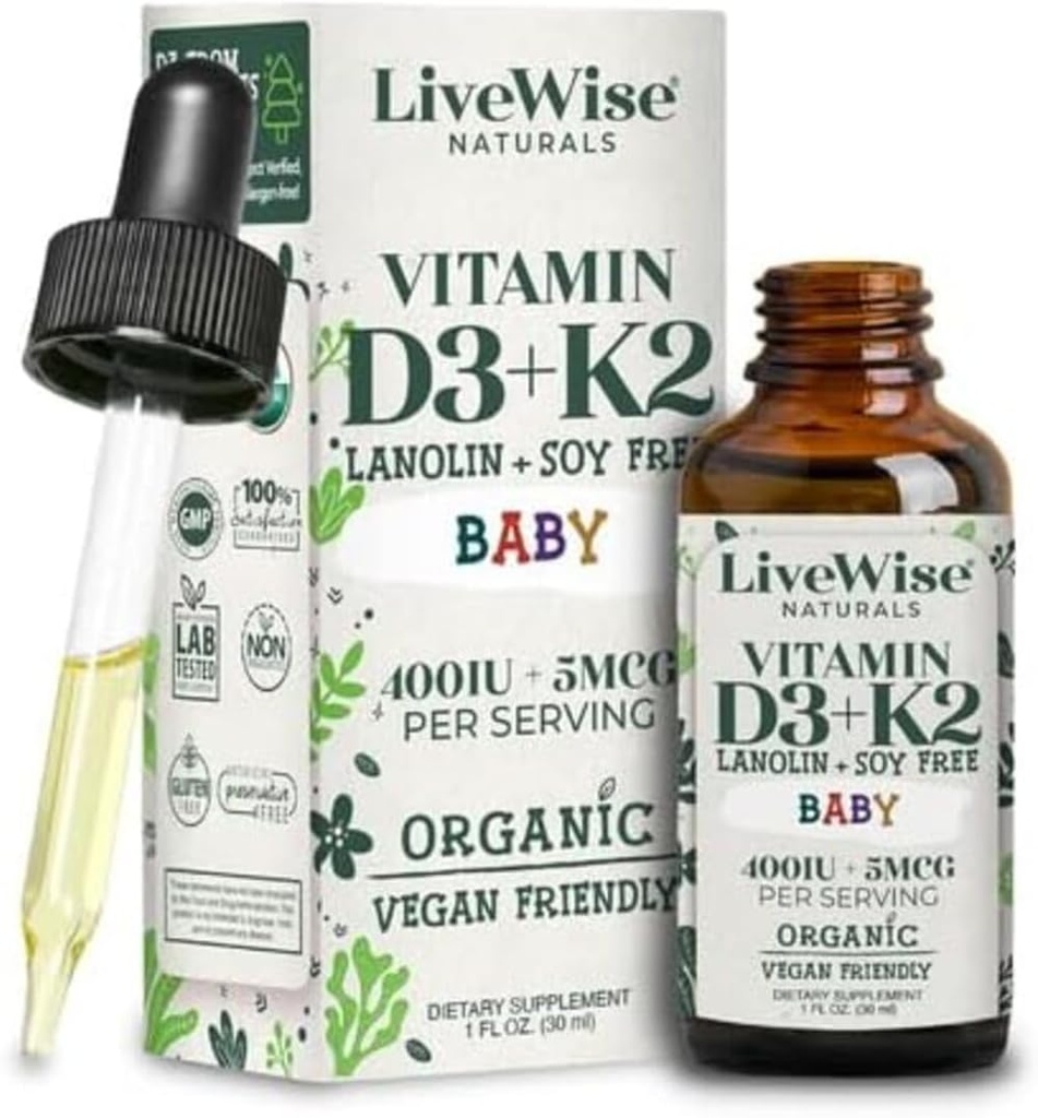 LiveWise Naturals Baby Vitamin D3-K2 Liquid Supplement, Vitamin Drops for Infants and Toddlers, for Healthy Growth, Development and Daily Wellness, Easy-to-Use Dropper in Glass Bottle, 1 Fl Oz