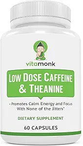 VitaMonk Low Dose Caffeine ve Theanine - No Jitters, No Crash- Microdose of Caffeine L Theanine Pills with Caffeine Theanine and Theobromine - 25mg of Caffeine, Caffeine Pills L Theanine - 60 Caps