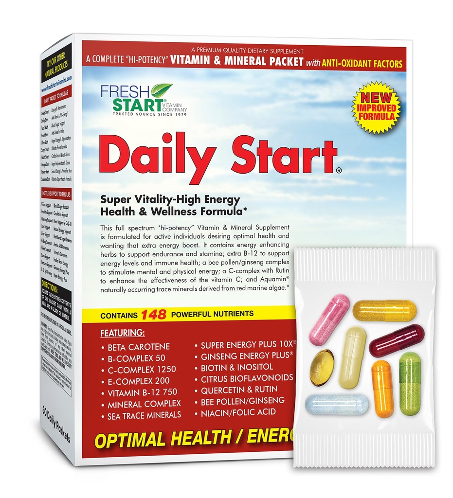 Daily Start Complete Daily Vitamin Paketi | 10X Energy & Stamina ATM | Vitamin A, B, C, D, E, B12, Minerals, Ashwagandha, Panax BTC, Yerba Mate, Yeşil Çay (30 Paketler)