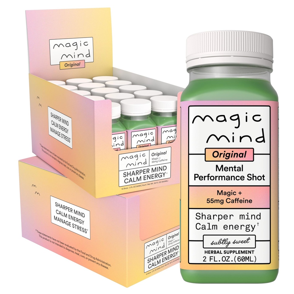 Magic Mind Focus Energy Drink Shots - No Jitters, Stres Relieving, Ashwagandha, Fonksiyonel Mushrooms, Matcha Green Tea, B12, C - 2 FL Oz (30 Pack)
