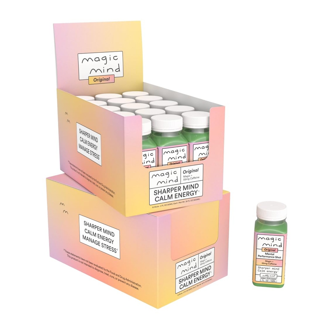 Magic Mind Focus Energy Drink Shots - No Jitters, Stres Relieving, Ashwagandha, Fonksiyonel Mushrooms, Matcha Green Tea, B12, C - 2 FL Oz (30 Pack)