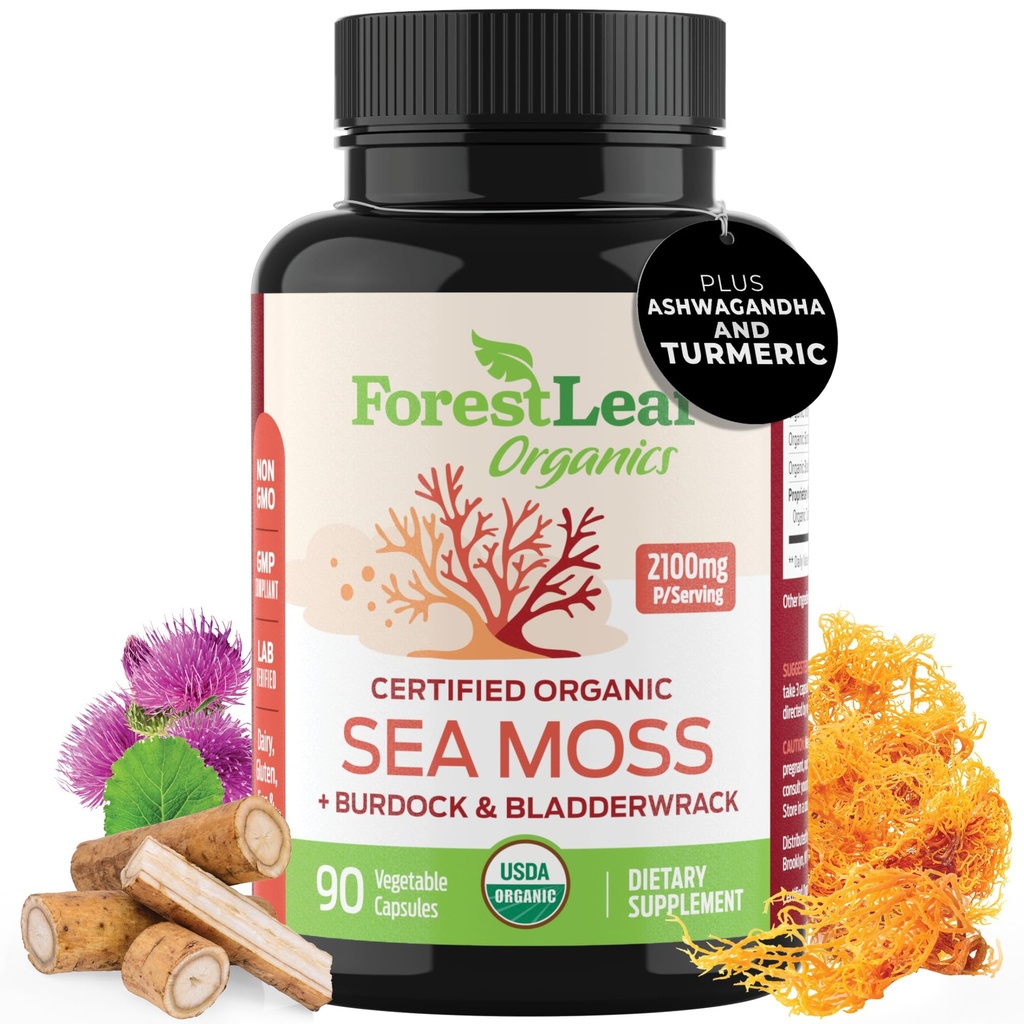 ForestLeaf Organic Irish Sea Moss Capsules | 2100 mg Raw Seamoss Pills Advanced Supplement Superfood + Burdock, Bladderwrack for Digestive, Respiratory, Immune Health | 90 Vegan Organik Deniz Moss Caps