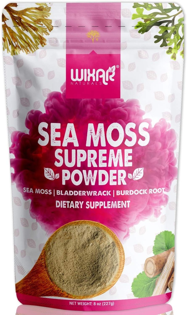 Wixar Wildcrafted Sea Moss Toz – (8 Ounces) – Natural Irish Sea Moss ve Bladderwrack with Burdock Toz - Tiroid Desteği, Sağlıklı Skin, Keto Detox, Joint Supportrichne Supplements