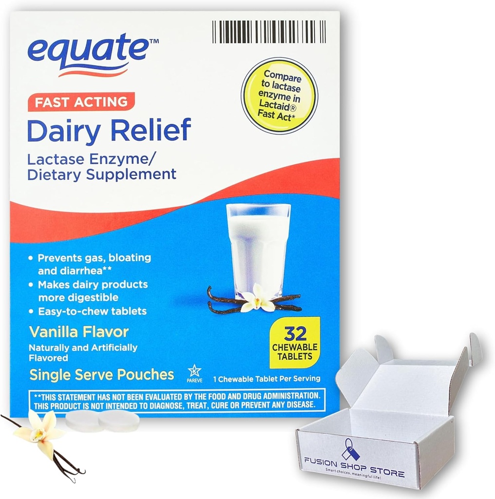 Lactose intolerans için Süt Pilleri - Equate Fast Acting Relief Vanilla Flavor, 32 çiğnenebilir Tabletler, Lactaid Chewables, Lactase Enzyme (Pazar Shop Store Store Store