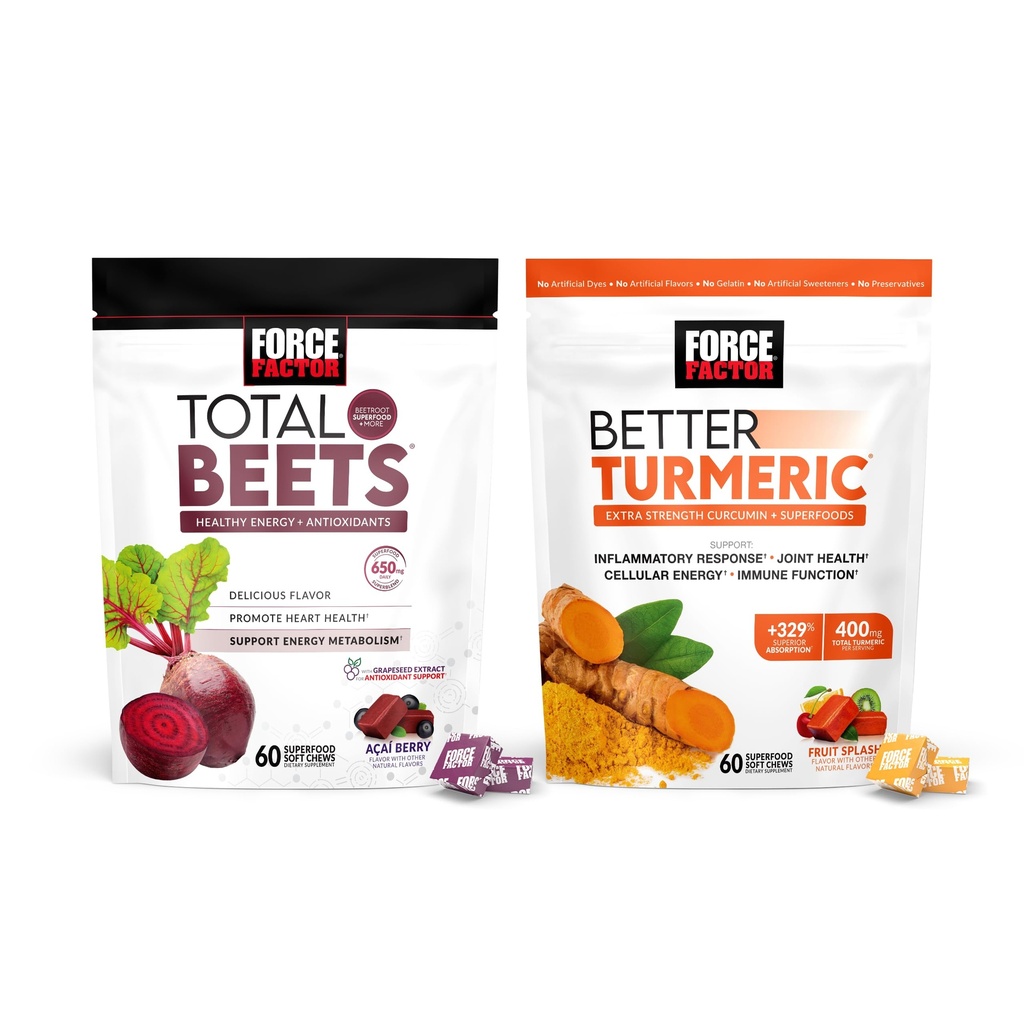 Force Factor Total Beets Soft Chews, 60 Chews & Better Turmeric Ortak Destek Tamam, 60 Soft Chews