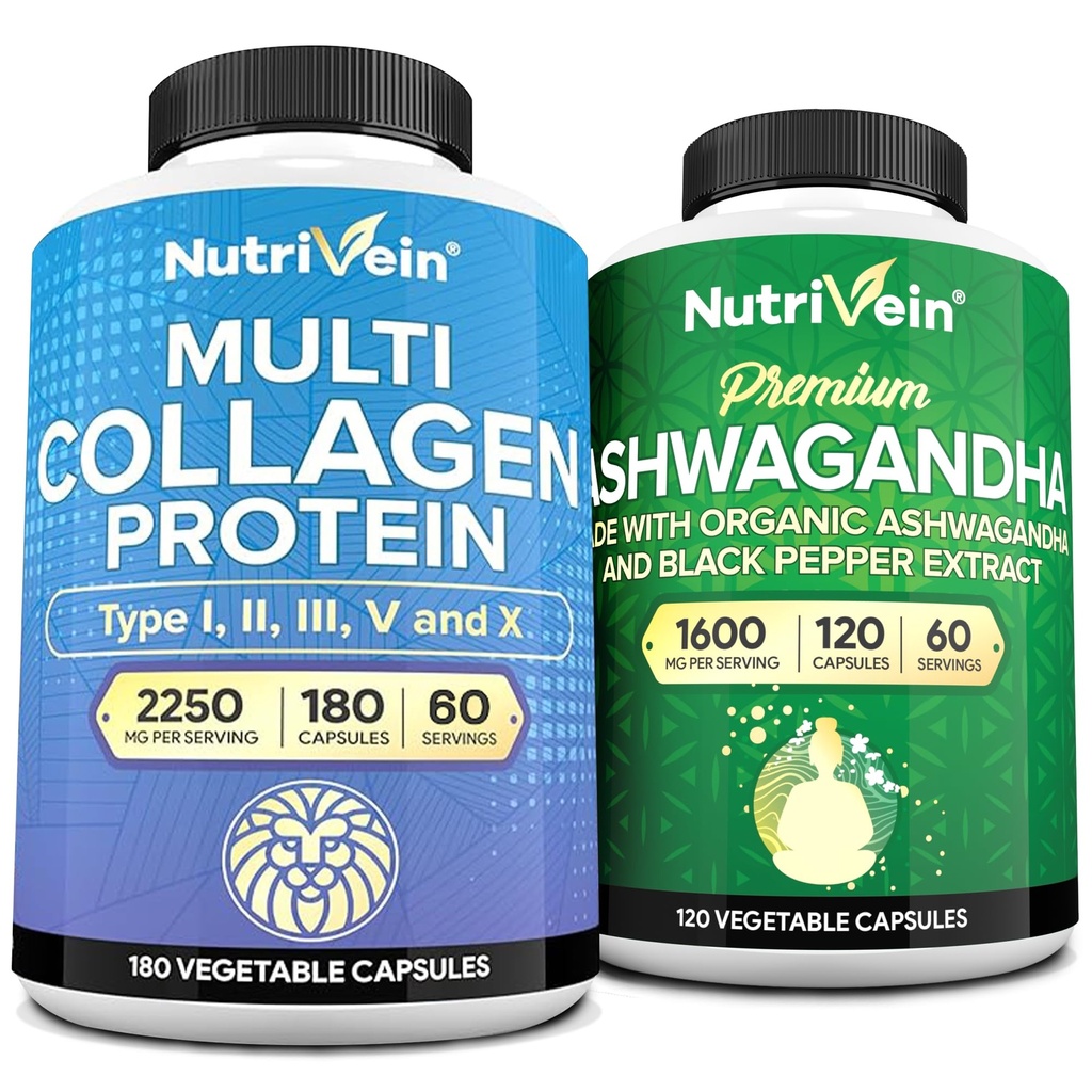 Nutrivein Premium Multi Collagen Capsules & Ashwagandha Supplements Sche: High-Abxia Ashwagandha Root & Multi Collagen Capsule Capsules for Body and Mind