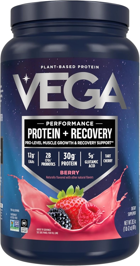 Vega Sport Vegan Protein Toz + Recovery - 30g Plant bazlı Proteinler hizmet başına, Berry, 19 Hizmet, 5g BCAAs, Probiyotikler, NSF sertifikalı, Shakes & Smoothies için 1.8lbs (Pazarlama)