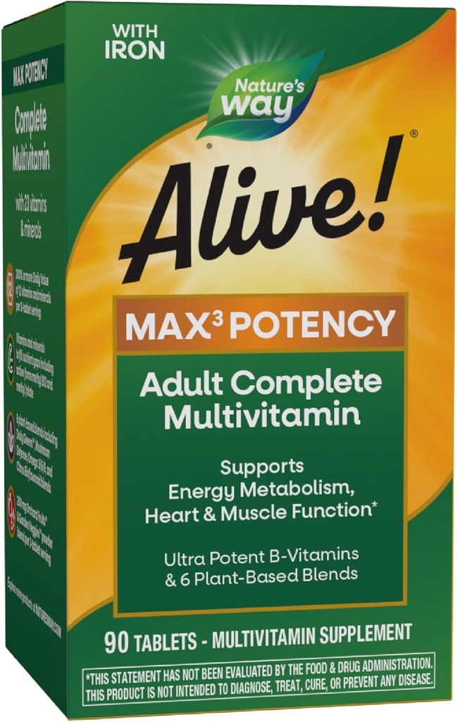Doğanın Yolu Alive! Max3 Potency Daily Multivitamin, Metilated B12 ve Folate, Ultra Potency B-vitamins to Support Energy Metabolism*, 90 Tablets