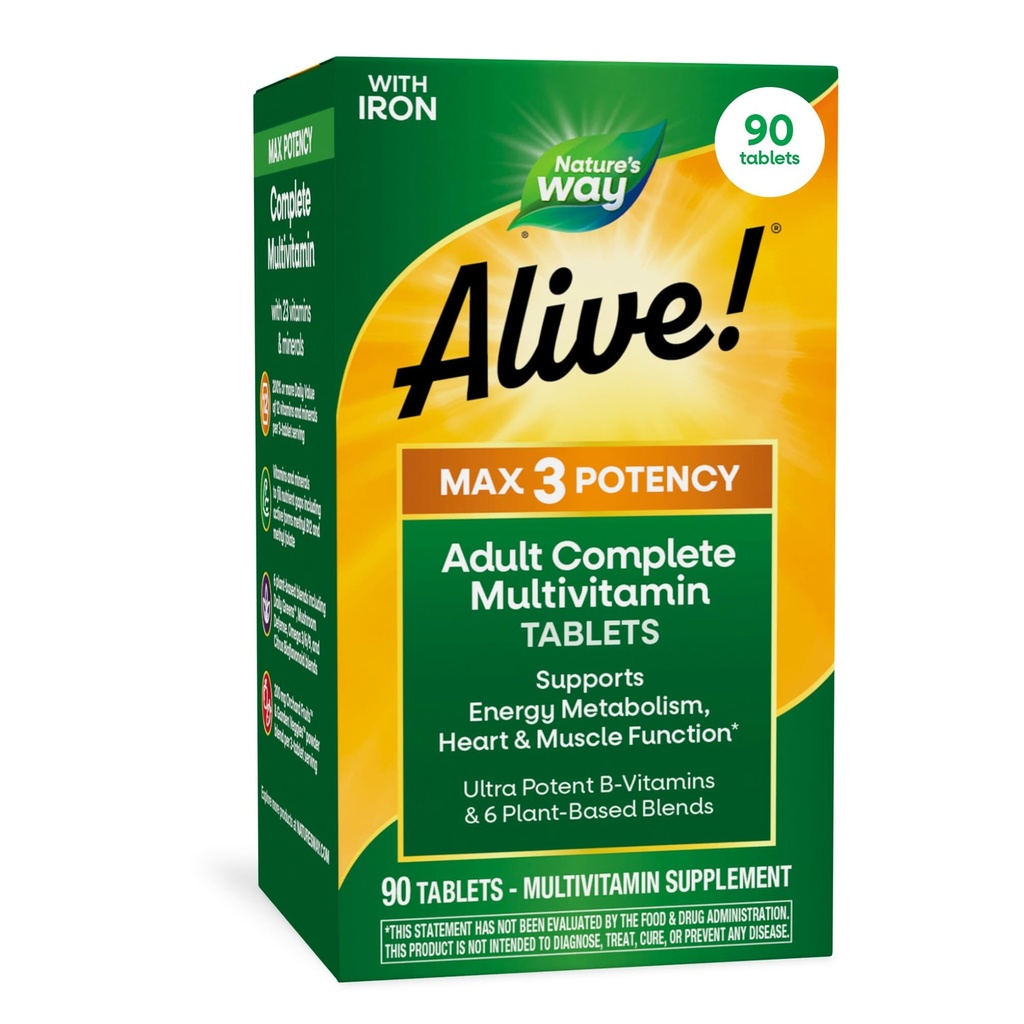 Doğanın Yolu Alive! Max3 Potency Daily Multivitamin, Metilated B12 ve Folate, Ultra Potency B-vitamins to Support Energy Metabolism*, 90 Tablets