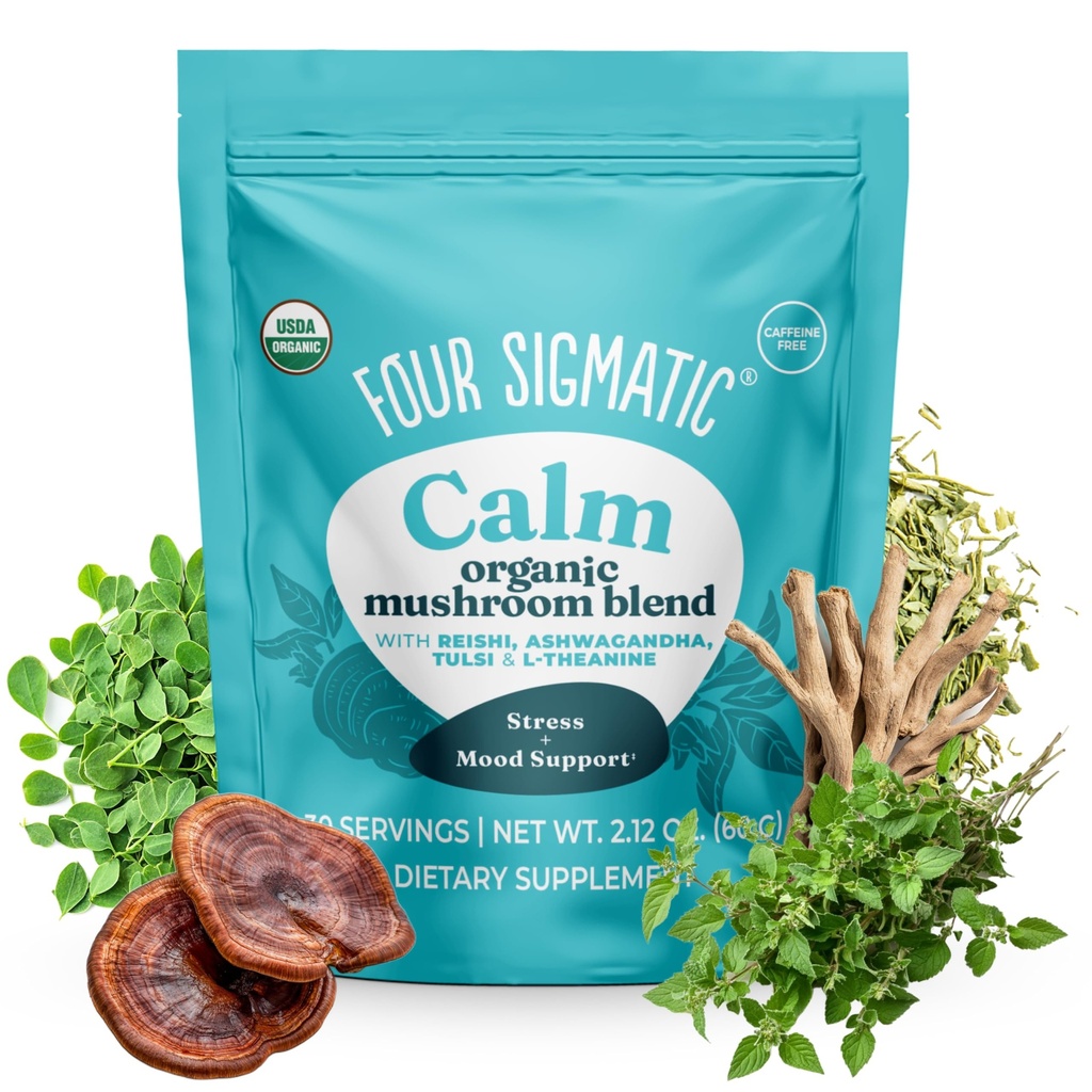 Four Sigmatic Calm Mushroom Mix | Adaptogen Supplement with Ashwagandha, Reishi, Tulsi, Cordyceps, Chaga, Rose HIPS, and More | Natural Stress Relief and Immune Support Supplement | 30 Servisler
